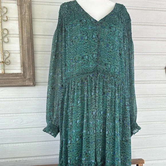 Free People Smocked Shoulder Midi Dress Green Floral Tiered Long Sleeve NWT - Picture 5 of 15